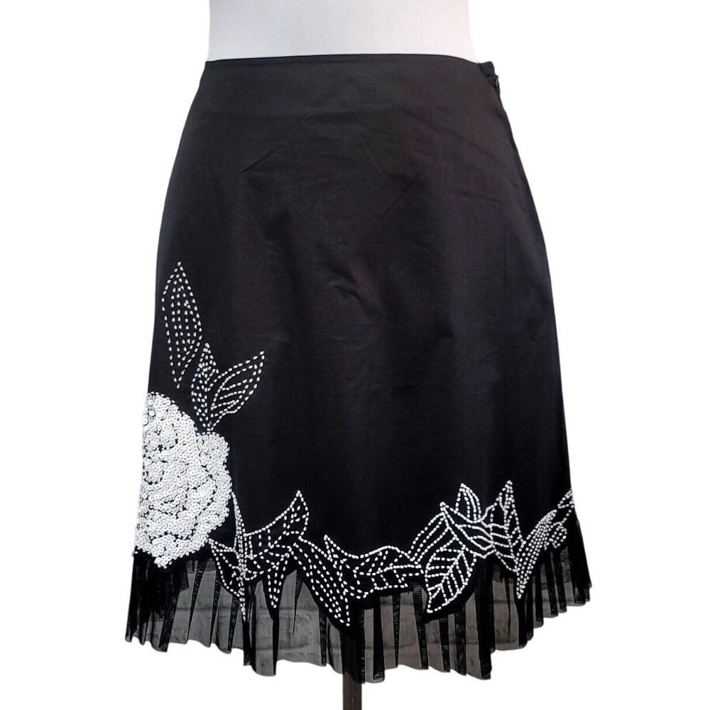 Cache Y2K Black Cotton Sequin Rose Beaded Mesh‎ Trim ALine Skirt Size 6 Whimsy